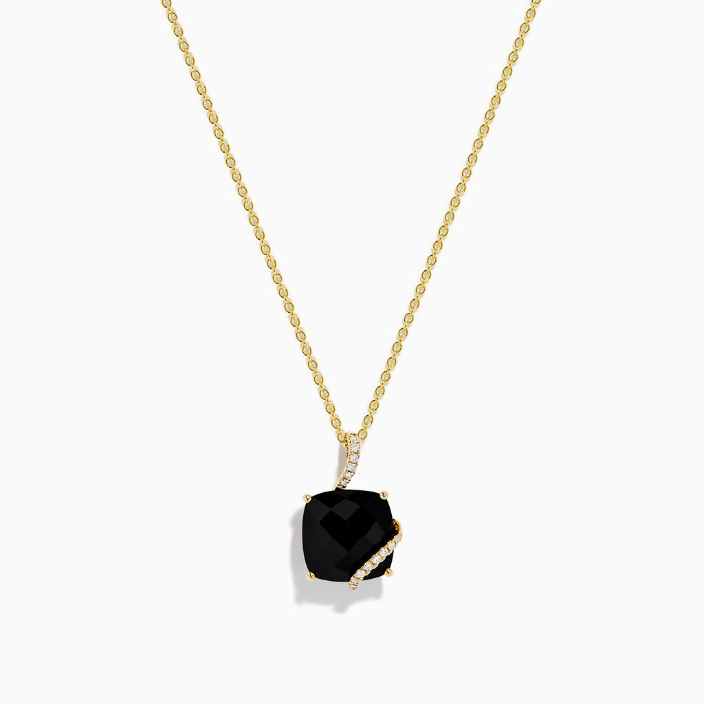 14K Yellow Gold Onyx and Diamond Cushion-Cut Solitaire Pendant