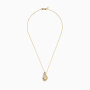 The Aurora 14K Yellow Gold Opal and Diamond Pendant features a teardrop opal encircled by sparkling diamonds on a delicate gold chain.