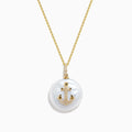 The 14K Yellow Gold Fresh Water Pearl and Diamond Anchor Pendant features a round pearl and anchor design adorned with diamonds.