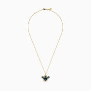 The Novelty 14K Yellow Gold Blue Topaz and Diamond Bee Pendant features a bee-shaped design with faceted blue topaz and diamond accents on its body and wings, shown against a white background.