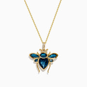 The Novelty 14K Yellow Gold Blue Topaz and Diamond Bee Pendant features a bee-shaped design with faceted blue topaz and diamond accents on its body and wings, shown against a white background.