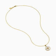 The Novelty 14K Yellow Gold Mother of Pearl and Diamond Compass Pendant features a polished circular charm with an eight-pointed star design, delicate chain, diamond accents, and mother of pearl inlay for added elegance.