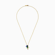 A 14K yellow gold chain necklace with a Multi Gemstone and Diamond Toucan Pendant, featuring a blue beak, green and black accents, and sparkling clear stones on its body, shown against a white background.