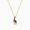 The Safari 14K Yellow Gold Tiger Eye Giraffe Pendant showcases a charming giraffe with brown and white enamel details and a green head accent, set against a plain white background.