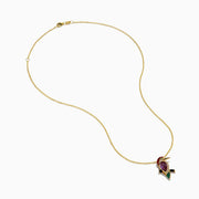 The 14K Yellow Gold Multi Gemstone and Diamond Woodpecker Pendant features a vibrant bird accented with diamonds and colorful gemstones, shining brightly on a fine gold chain against a white background.