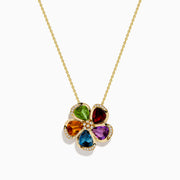 The Mosaic 14K Yellow Gold Multi Gemstone Floral Pendant features a five-petal flower with each petal showcasing a different colored gemstone, outlined by small diamonds, suspended from a fine gold chain.