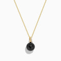The 14K Yellow Gold Black Tahitian Pearl and Diamond Pendant features a black Tahitian pearl and a vertical row of diamonds on the bail, shown on a white background.