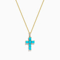 The 14K Yellow Gold Turquoise and Diamond Cross Pendant features a turquoise cross accented with sparkling diamonds for an elegant touch.