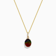 The 14K Yellow Gold Ammolite and Diamond Pendant features a faceted oval ammolite in dark iridescent hues, accented by rectangular diamonds above the gem. Shown on a white background.