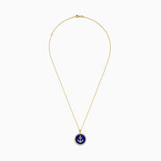 The Seaside 14K Yellow Gold Lapis and Diamond Anchor Pendant showcases a round lapis centerpiece with a diamond anchor motif on deep blue, bordered by sparkling diamonds and suspended from a yellow gold chain.