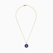 The Seaside 14K Yellow Gold Lapis and Diamond Starfish Pendant features a round lapis center with a white starfish design and a border of sparkling diamonds.