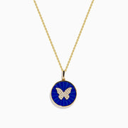 The Nature 14K Yellow Gold Lapis and Diamond Butterfly Pendant features a circular lapis-blue butterfly design accented with sparkling diamonds at the center.