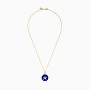 The Seaside 14K Yellow Gold Lapis and Diamond Starfish Pendant features a lapis flower-shaped design and a diamond-accented starfish with white crystal details at the center.