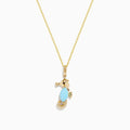 The Seaside 14K Yellow Gold Turquoise and Diamond Seahorse Pendant features a seahorse with a turquoise stone body and diamond accents on the tail, hanging from a delicate gold chain.