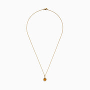 The 14K Yellow Gold Citrine and Diamond Halo Pendant features a round citrine center with a diamond halo, set on a gold chain and displayed against a white background.
