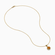 The 14K Yellow Gold Citrine and Diamond Halo Pendant features a round citrine center with a diamond halo, set on a gold chain and displayed against a white background.