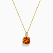 14K Yellow Gold Citrine and Diamond Cushion-Cut Solitaire Pendant