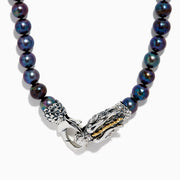 The 925 Sterling Silver & 18K Gold Gray Freshwater Pearl Necklace features a silver dragon clasp with gold accents, displayed on a plain white background.