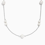 The 925 Sterling Silver Pearl Necklace with Fresh Water Pearl features evenly spaced round pearls on a delicate silver chain, shown on a plain white background.