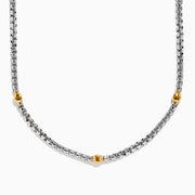 The Mens 925 Sterling Silver and Yellow Gold Plated Necklace features a box chain with three evenly spaced gold accent beads, displayed in a gentle curve on a white background.