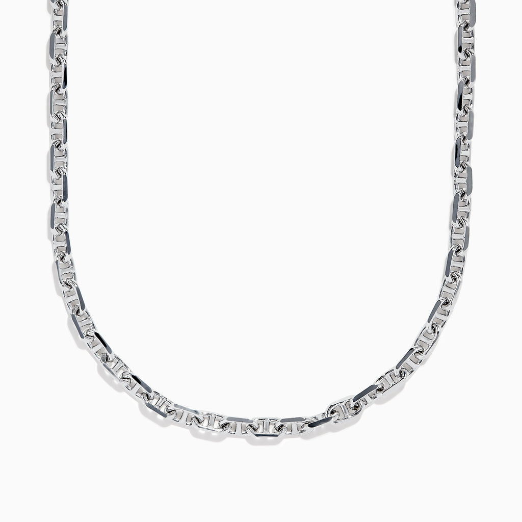 The Mens 925 Sterling Silver Necklace showcases intricately linked rectangular and oval-shaped links, elegantly crafted and displayed against a plain white background.