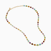 The 14K Yellow Gold Multi-Gemstone Bezel Heart Station Necklace showcases vibrant heart-shaped gemstones bezel-set and evenly spaced along a delicate yellow gold chain.