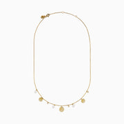 The 14K Yellow Gold Pearl and Diamond Necklace features small round charms and lustrous pearls, with some charms adorned with sparkling diamonds, creating an elegant and delicate design against a white background.