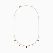 The Mosaic 14K Yellow Multi Color Gemstone Freshwater Pearl and Diamond Necklace features evenly spaced freshwater pearls with green, yellow, purple, clear, and blue gemstones, all set in 14K yellow gold.