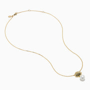 The Novelty 14K Yellow Gold Freshwater Pearl and Diamond Seashell Necklace features a scallop shell-shaped pendant with small diamonds and an elegant freshwater pearl drop.