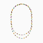 The Mosaic 14K Yellow Gold Multi Color Gemstone and Diamond Necklace features a delicate gold chain adorned with beautifully spaced round gemstones in blue, green, purple, red, and yellow.