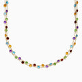 The Mosaic 14K Yellow Gold Multi Color Gemstone and Diamond Necklace features a delicate gold chain adorned with beautifully spaced round gemstones in blue, green, purple, red, and yellow.