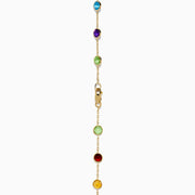 The Mosaic 14K Yellow Gold Multi Color Gemstone and Diamond Necklace features a delicate gold chain adorned with beautifully spaced round gemstones in blue, green, purple, red, and yellow.