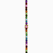 The 14K Yellow Gold Multi-Gemstone Rainbow Tennis Necklace features small, round gemstones spaced along its length and is shown on a white background.