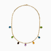 The Mosaic 14K Yellow Gold Multi Gemstone Charm Necklace features oval-shaped charms in blue, green, yellow, purple, and brown gemstones evenly spaced on a yellow gold chain.