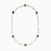 The 14K Yellow Gold Tahitian and Freshwater Pearl Necklace features alternating white and dark pearls on a delicate gold chain, beautifully displayed against a white background.