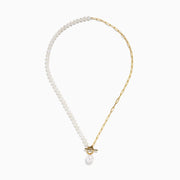 The 14K Yellow Gold Fresh Water Pearl & Paperclip Chain Necklace features alternating pearls and paperclip links, a 14K gold toggle clasp, and a single dangling pearl pendant.
