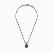The Mosaic 925 Sterling Silver and 18K Yellow Gold Pendant features a rectangular silver frame set with five multicolor gemstones—blue, green, red, purple, and orange—on a silver chain.