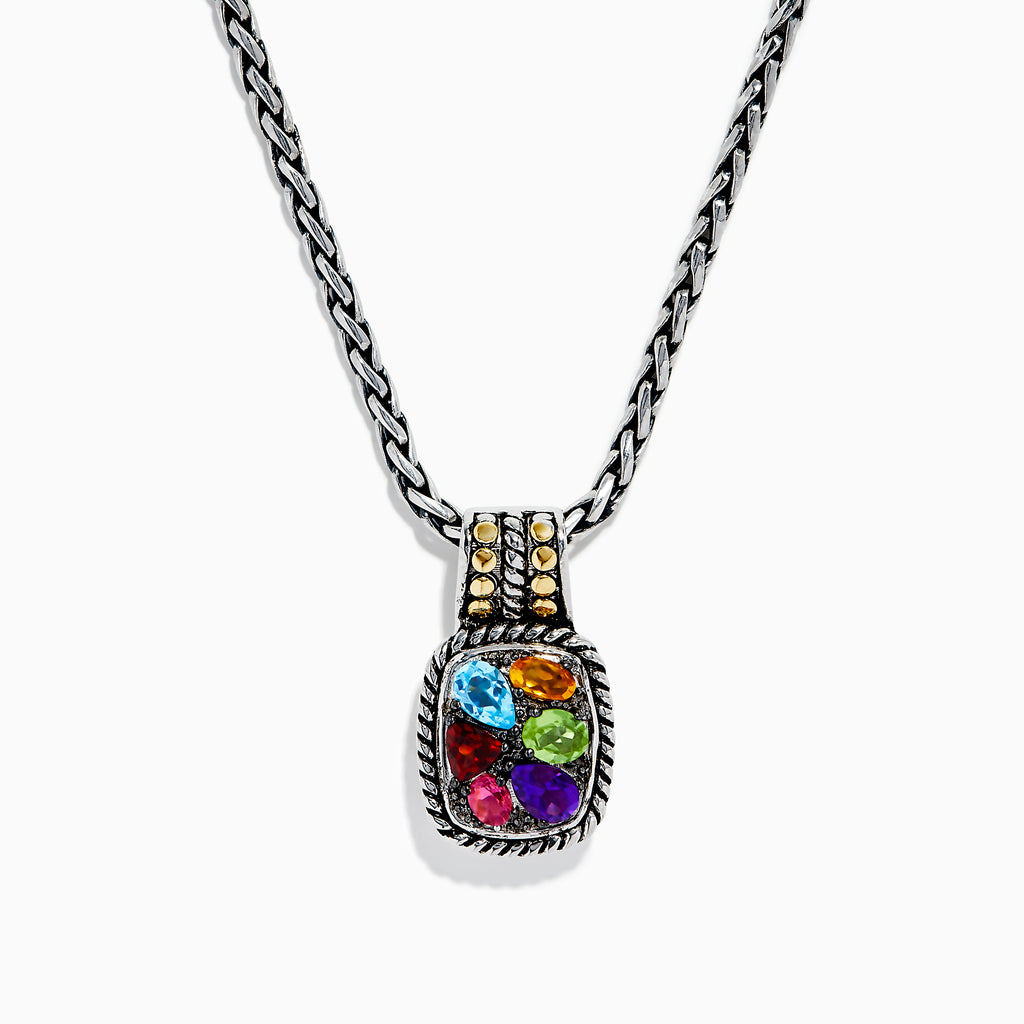 The Mosaic 925 Sterling Silver and 18K Yellow Gold Pendant features a rectangular silver frame set with five multicolor gemstones—blue, green, red, purple, and orange—on a silver chain.