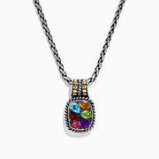 The Mosaic 925 Sterling Silver and 18K Yellow Gold Pendant features a rectangular silver frame set with five multicolor gemstones—blue, green, red, purple, and orange—on a silver chain.