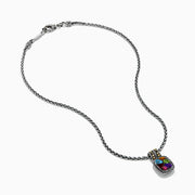 The Mosaic 925 Sterling Silver and 18K Yellow Gold Pendant features a rectangular silver frame set with five multicolor gemstones—blue, green, red, purple, and orange—on a silver chain.