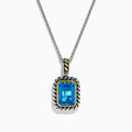 The Ocean Bleu 925 Sterling Silver and 18K Yellow Gold Blue Topaz Pendant features a rectangular faceted blue topaz framed by twisted silver and yellow gold accents on a sterling silver chain.