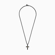 The Mens Rhodium Sterling Silver and Yellow Gold Plated Spinel Cross Pendant features a gold starburst center and hangs from a black chain, creating an elegant, striking look against a white background.