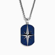 The Mens 925 Sterling Silver Blue Sapphire Pendant features a rectangular design with a blue, gem-studded background and a raised silver star in the center, inspired by Effy Mens style for an elegant look.