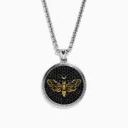 Discover the Men's 925 Sterling Silver Black Spinel Moth Pendant, featuring a detailed moth with a crescent moon above, all set against a black spinel-textured background—a unique and eye-catching accessory.