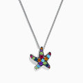The Mosaic 925 Sterling Silver Multi Color Starfish Pendant necklace features a sterling silver chain and a starfish pendant decorated with blue, green, orange, purple, and red gemstones.