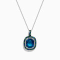 The 925 Sterling Silver Blue Topaz Cushion Multi Gemstone Halo Pendant features a cushion-cut blue topaz, accented by small blue and green stones in a striking halo design.