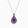 The 925 Sterling Silver Amethyst Pear Multi Gemstone Halo Pendant features a teardrop-shaped purple amethyst surrounded by sparkling blue, red, and clear gemstones on a stunning silver chain.