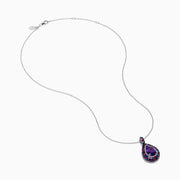 The 925 Sterling Silver Amethyst Pear Multi Gemstone Halo Pendant features a teardrop-shaped purple amethyst surrounded by sparkling blue, red, and clear gemstones on a stunning silver chain.