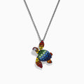 The 925 Seaside Sterling Silver Multi Sapphires Turtle Pendant is a striking chain necklace showcasing a detailed turtle pendant set with vibrant blue, green, yellow, orange, and red sapphires for an eye-catching look.