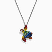 The 925 Seaside Sterling Silver Multi Sapphires Turtle Pendant is a striking chain necklace showcasing a detailed turtle pendant set with vibrant blue, green, yellow, orange, and red sapphires for an eye-catching look.